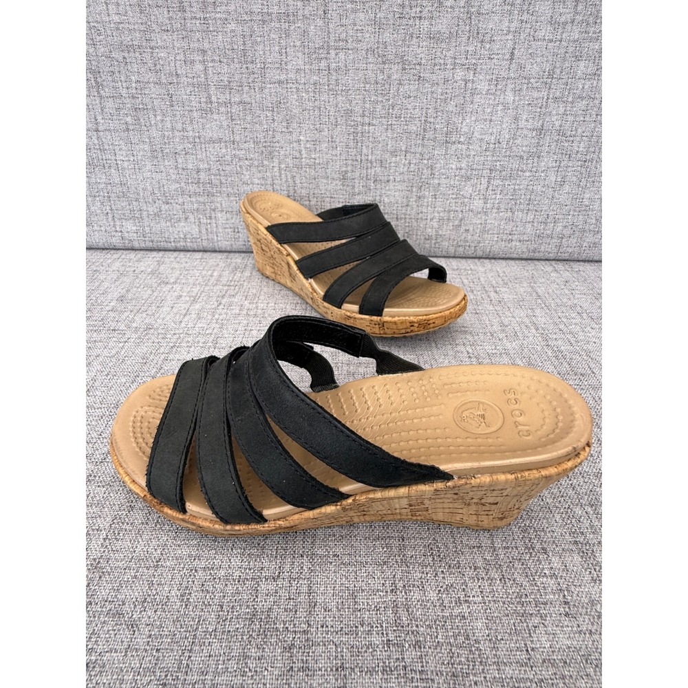 Crocs A-Leigh Black Multi Strap Cork Wrap Wedge Sandals Womens Size 8
